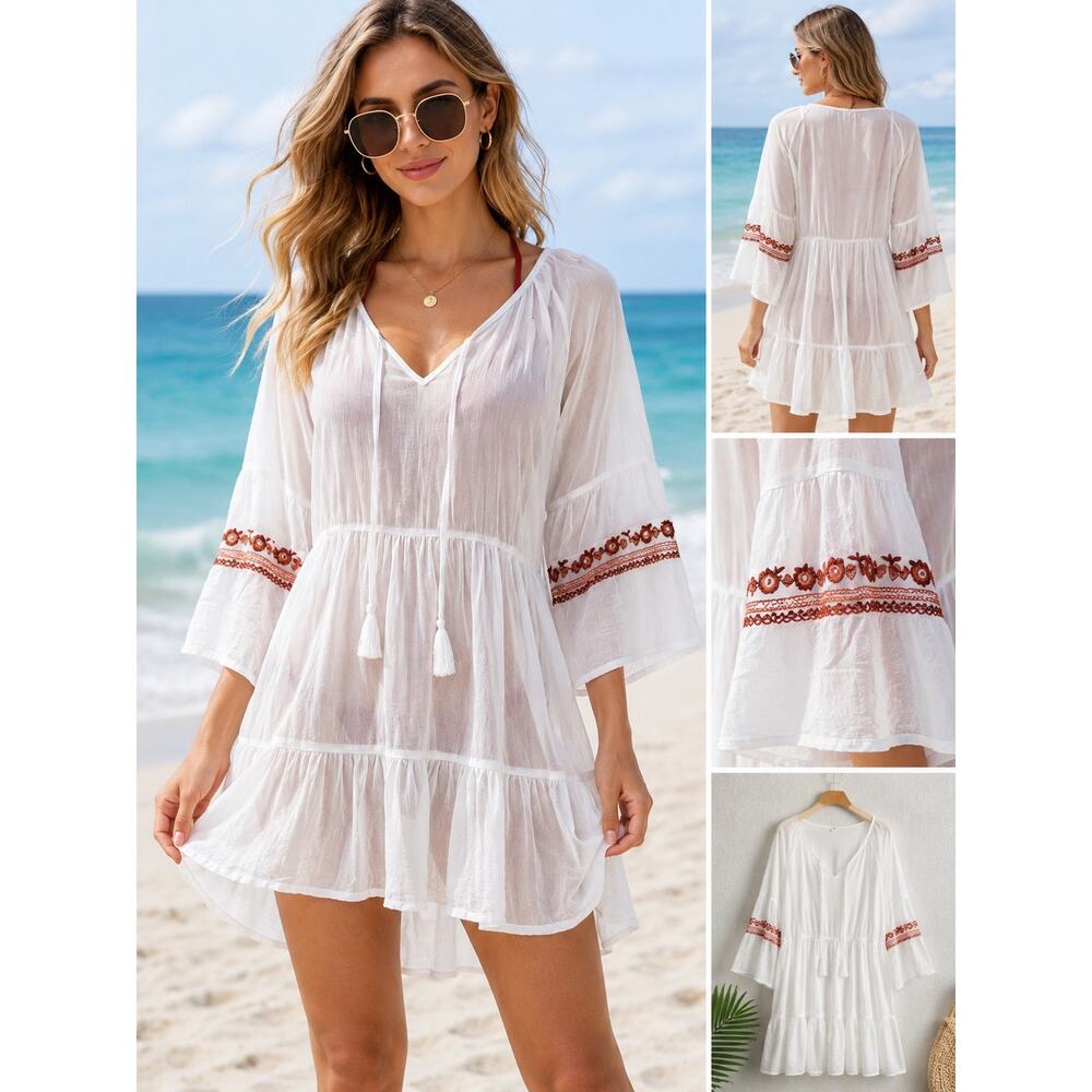 Raga White Boho Embroidered Beach Cover Up Tunic Dress NWT Small
